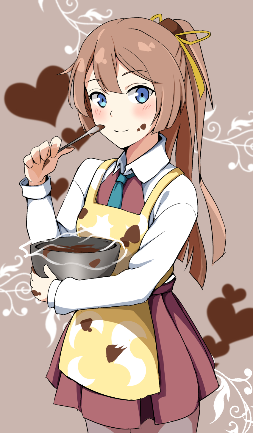 1girl apron blue_eyes bowl brown_background brown_hair chocolate cowboy_shot dress green_neckwear grey_legwear hair_ribbon heart highres kagari_leroy kantai_collection kazagumo_(kantai_collection) long_hair necktie pantyhose ponytail ribbon school_uniform shirt sleeveless sleeveless_dress smile solo standing white_shirt yellow_apron