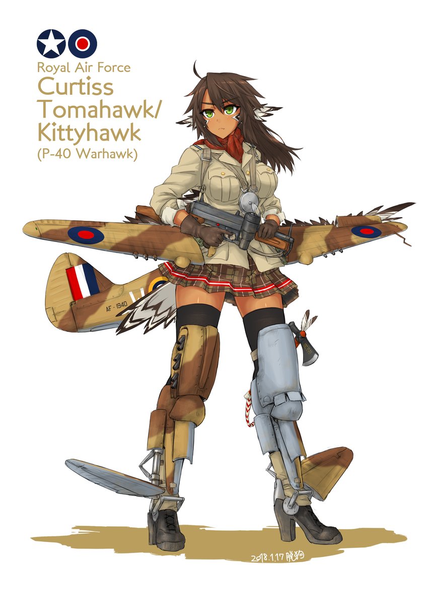 1girl ahoge black_legwear boots brown_hair character_name dakku_(ogitsune) dark_skin dated full_body green_eyes head_wings highres holding holding_weapon jacket long_hair mecha_musume messy_hair neckerchief original p-40_warhawk personification plaid plaid_skirt pleated_skirt skirt solo tail thigh-highs thigh_boots weapon