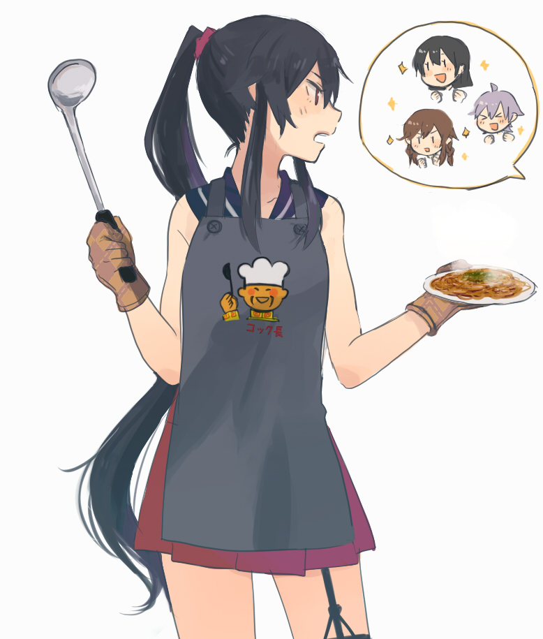 &gt;_&lt; 4girls :d agano_(kantai_collection) annin_musou apron black_apron black_hair black_sailor_collar brown_hair commentary food holding holding_plate kantai_collection long_hair multiple_girls noshiro_(kantai_collection) open_mouth plate pleated_skirt ponytail purple_hair red_eyes red_skirt sailor_collar sakawa_(kantai_collection) skirt smile solo_focus sparkle v-shaped_eyebrows very_long_hair yahagi_(kantai_collection) yakisoba