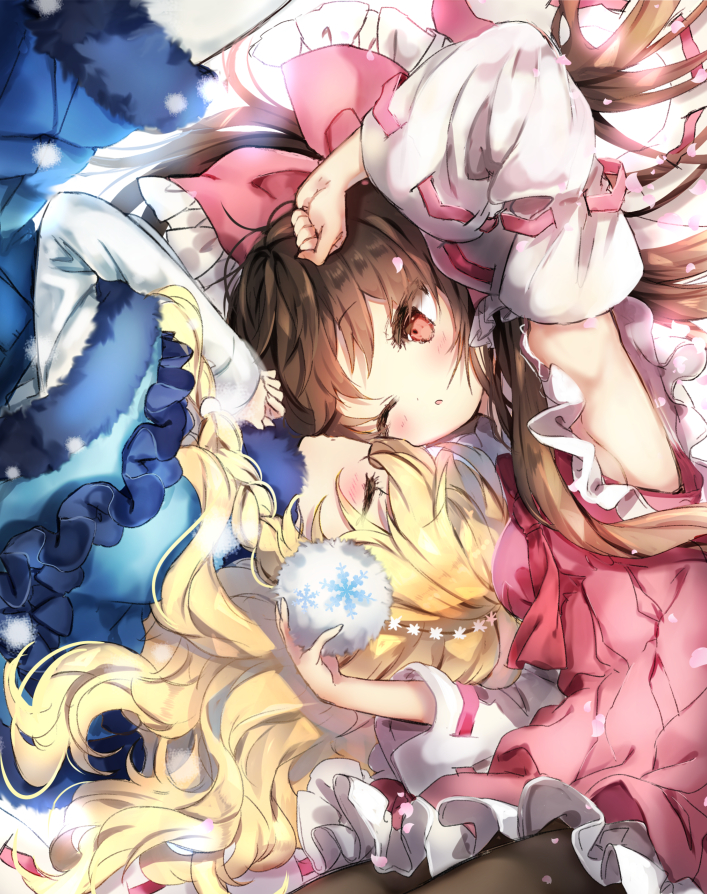2girls arm_up ascot black_legwear blonde_hair blue_dress blush bow breasts brown_hair closed_eyes commentary_request detached_sleeves dress earmuffs eyebrows_visible_through_hair frills from_side hair_bow hakurei_reimu hands_clasped kirisame_marisa long_hair long_sleeves multiple_girls no_hat no_headwear one_eye_closed own_hands_together parted_lips petals petticoat piyokichi profile red_bow red_dress red_eyes red_neckwear sideboob snowflake_print touhou wide_sleeves