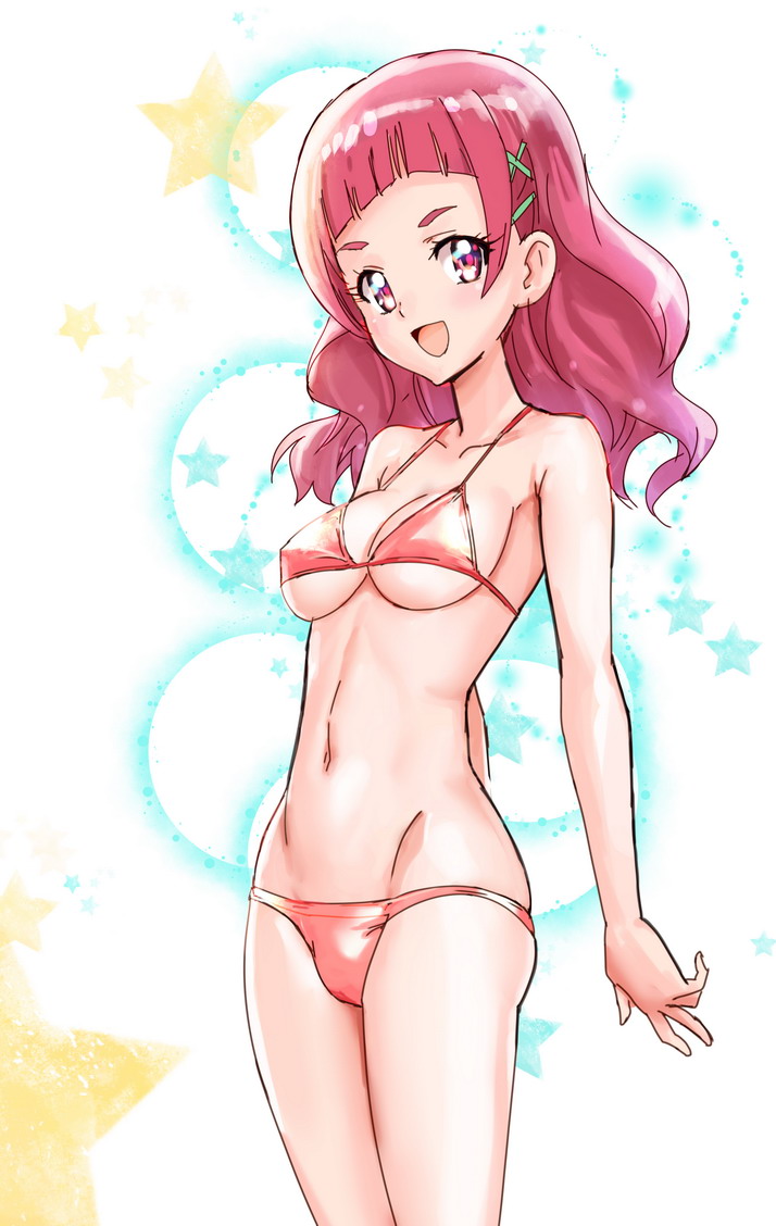1girl :d bare_arms bare_shoulders bikini blush breasts character_request cleavage collarbone cowboy_shot hair_ornament hairclip hip_bones hugtto!_precure long_hair looking_at_viewer medium_breasts navel nono_hana ontaros open_mouth pink_bikini pink_eyes pink_hair precure shiny shiny_clothes shiny_hair smile solo standing star starry_background string_bikini swimsuit tareme thighs two-tone_background under_boob x_hair_ornament