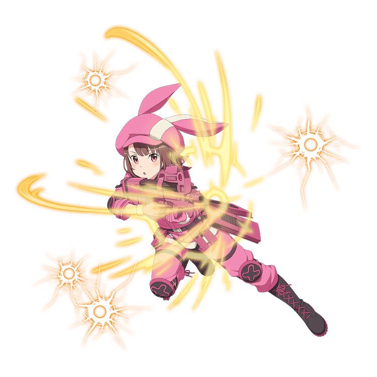 1girl animal_ears black_footwear boots brown_hair bunny_ears elbow_pads fake_animal_ears firing full_body gloves gun hat holding holding_gun holding_weapon knee_pads llenn_(sao) looking_at_viewer military military_uniform official_art open_mouth pants pink_eyes pink_gloves pink_hat pink_pants riffle short_hair simple_background solo sword_art_online sword_art_online:_code_register sword_art_online_alternative:_gun_gale_online thigh_strap uniform weapon white_background