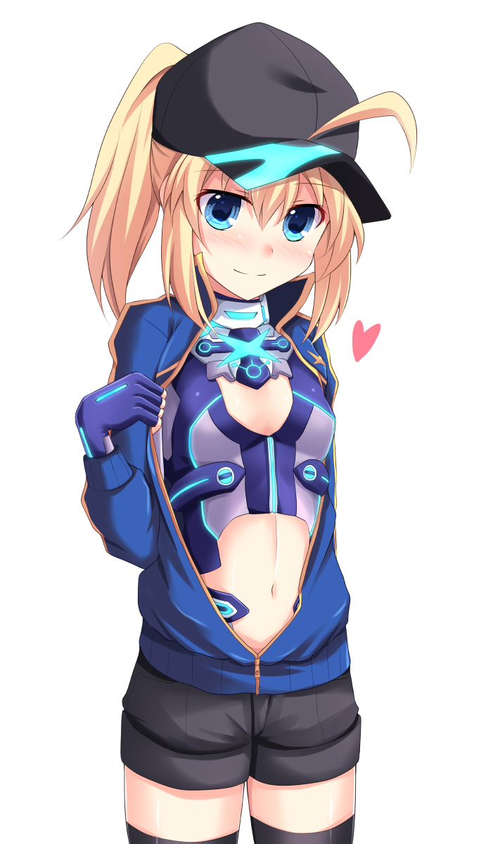 1girl artoria_pendragon_(all) baseball_cap black_hat blonde_hair blue_eyes blush breasts cross_(crossryou) fate/grand_order fate_(series) fingerless_gloves gloves hat heart highres jacket looking_at_viewer mysterious_heroine_x navel open_clothes open_jacket ponytail shorts simple_background small_breasts solo standing thigh-highs track_jacket