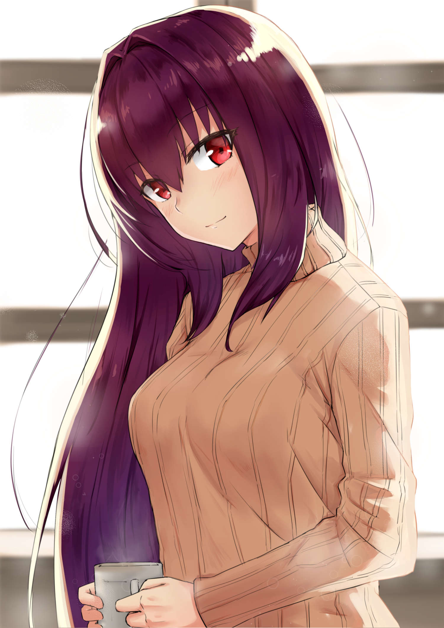 1girl blush cup fate/grand_order fate_(series) hair_intakes highres holding holding_cup long_hair looking_at_viewer m_kong mug purple_hair red_eyes ribbed_sweater scathach_(fate/grand_order) sweater very_long_hair window