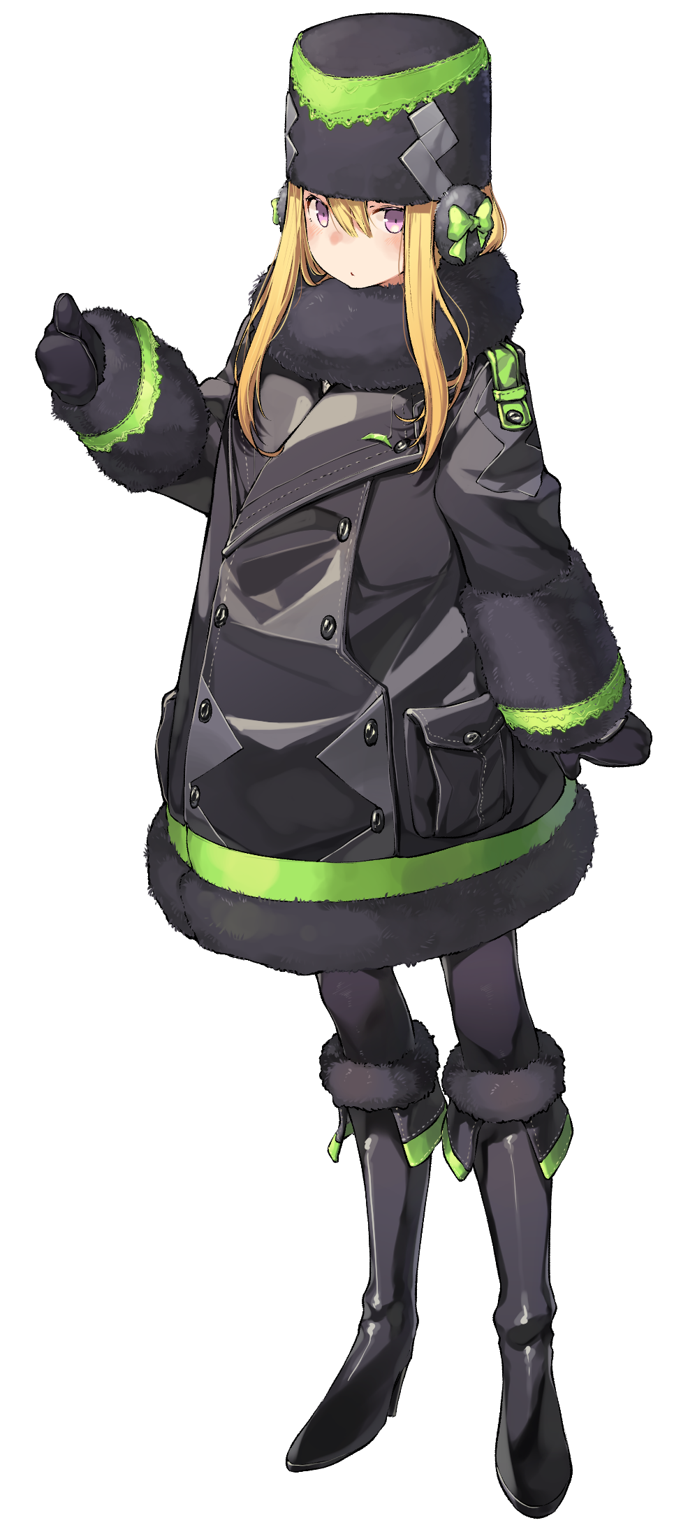 1girl bangs black_coat black_footwear black_legwear black_mittens blonde_hair blush boots bow closed_mouth coat commentary_request darling_in_the_franxx earmuffs full_body fur-trimmed_boots fur-trimmed_coat fur_collar fur_hat fur_trim genista_(darling_in_the_franxx) green_bow hair_between_eyes hat high_heel_boots high_heels highres humanization kei_(soundcross) knee_boots long_hair looking_at_viewer mittens pantyhose sidelocks simple_background standing thumbs_up ushanka violet_eyes white_background