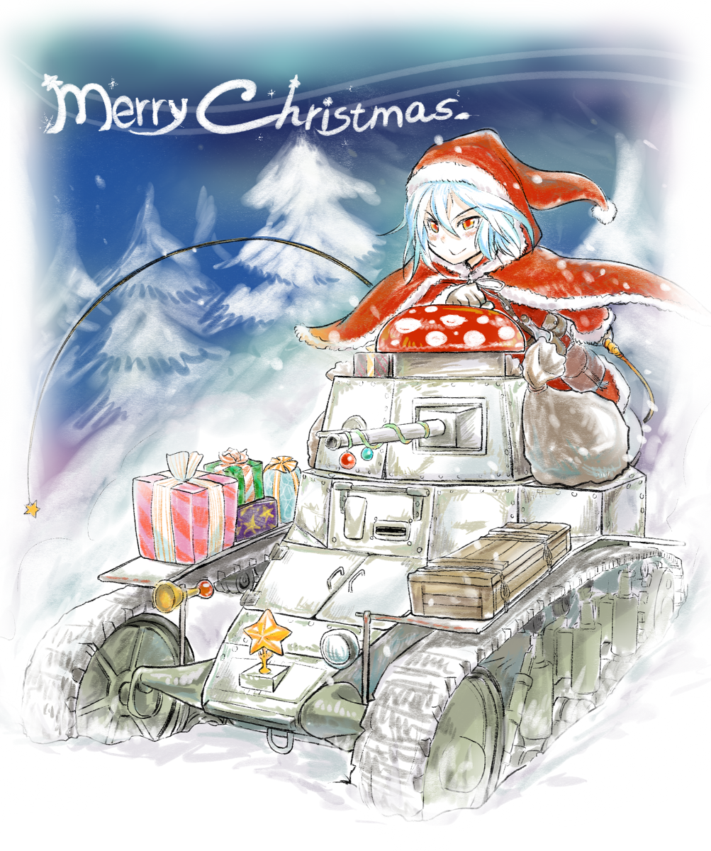 1girl bag blue_hair box christmas gift gift_box ground_vehicle highres merry_christmas military military_vehicle mimit motor_vehicle nib_pen_(medium) original red_eyes santa_costume short_hair snow snowing star t-18 tank traditional_media tree