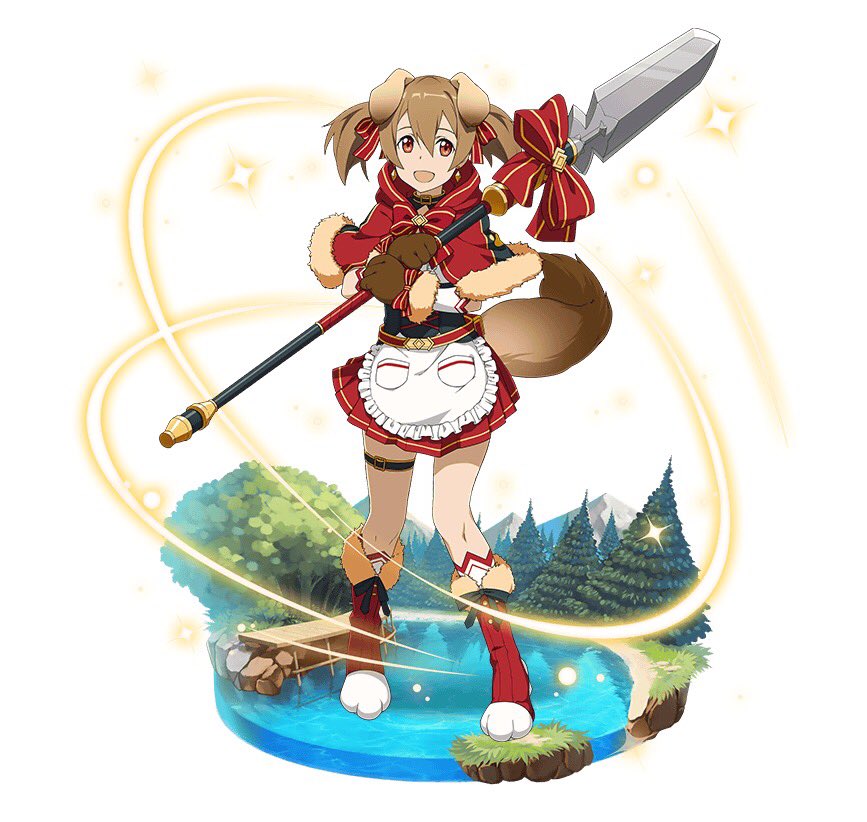 1girl :d animal_ears apron boots bow brown_gloves brown_hair dog_ears dog_tail faux_figurine frilled_apron frills full_body fur_trim gloves hair_between_eyes hair_ribbon holding holding_weapon long_hair miniskirt open_mouth pleated_skirt polearm red_bow red_capelet red_eyes red_footwear red_ribbon red_skirt ribbon silica simple_background skirt smile solo spear standing striped striped_bow striped_ribbon sword_art_online tail twintails weapon white_apron white_background