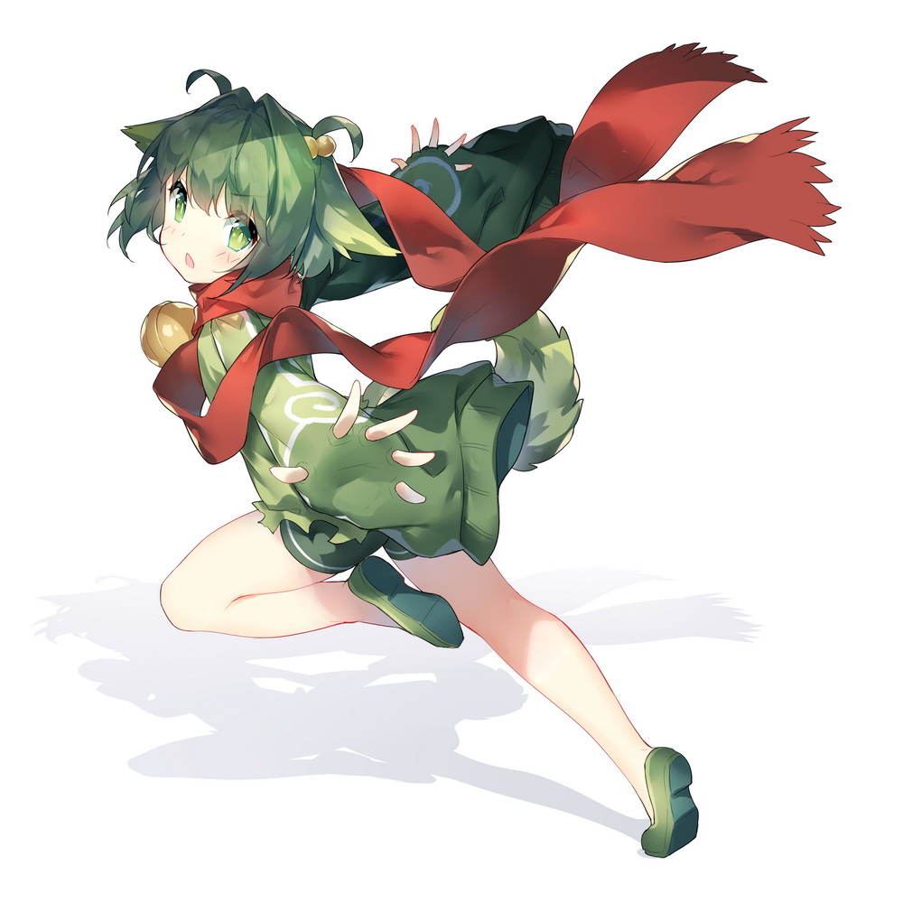 androgynous animal_ears arno bell everyone full_body green_eyes green_hair hair_ornament looking_at_viewer open_mouth running saru scarf short_hair shorts sleeves_past_wrists solo summon_night tail