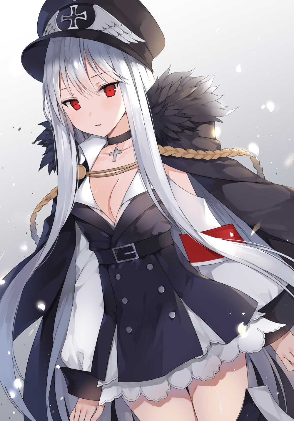 1girl aiguillette arms_at_sides bangs belt black_footwear black_hat black_skirt boots breasts buckle canape_(canape0130) choker cleavage coat collarbone collared_shirt cross_choker dress eyebrows_visible_through_hair fur-trimmed_coat fur_trim girls_frontline gradient gradient_background hair_between_eyes hat highres iron_cross jacket jacket_on_shoulders kar98k_(girls_frontline) large_breasts long_hair long_sleeves looking_at_viewer medium_breasts military military_uniform parted_lips peaked_cap petals red_eyes shirt shoulder_cutout sidelocks simple_background skirt solo thigh-highs thigh_boots thighs uniform very_long_hair white_dress white_hair
