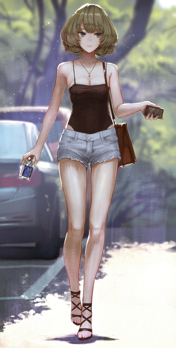 1girl bag bare_arms bare_legs bare_shoulders black_footwear blue_eyes blurry blurry_background breasts car casual cellphone cleavage closed_mouth collarbone cross cross_necklace day depth_of_field full_body ground_vehicle highres holding holding_phone idolmaster idolmaster_cinderella_girls jar jewelry looking_at_viewer medium_breasts mole mole_under_eye motor_vehicle necklace outdoors pendant phone shiny shiny_hair short_shorts shorts shoulder_bag smartphone smile solo spaghetti_strap takagaki_kaede tree tsurime walking yasukura_(shibu11)