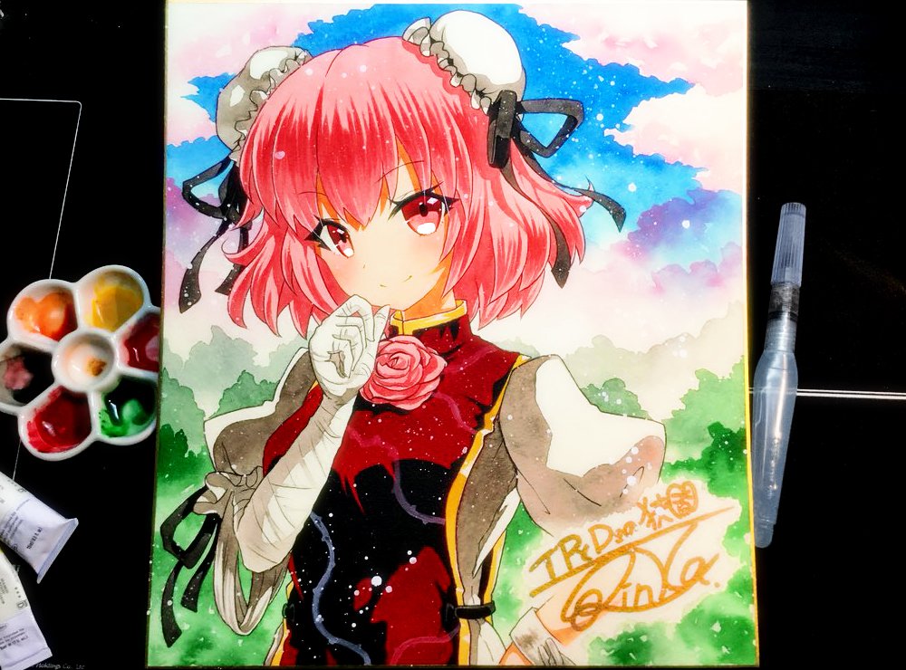 1girl background bandage bandaged_arm black_ribbon bun_cover chains clouds commentary_request cuffs double_bun flower hand_on_hip hand_on_own_face ibaraki_kasen looking_at_viewer paint_(medium) pink_eyes pink_flower pink_hair pink_rose puffy_short_sleeves puffy_sleeves qqqrinkappp ribbon rose sgined shackles short_hair short_sleeves sky smile solo tabard touhou traditional_media tree upper_body