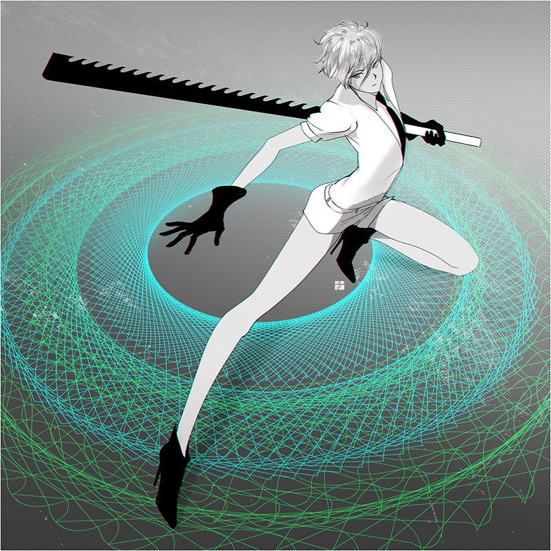 androgynous antarcticite gem_uniform_(houseki_no_kuni) gloves grey_eyes high_heels holding holding_sword holding_weapon houseki_no_kuni necktie pale_skin puffy_short_sleeves puffy_sleeves sapon saw_cleaver short_hair short_sleeves shorts silver_hair sword weapon