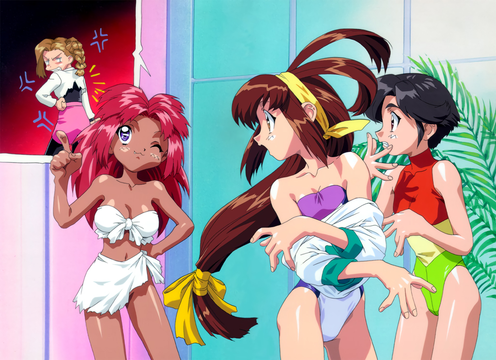 4girls 90s :3 anna_respighi antenna_hair battle_athletes black_hair braid breasts brown_eyes brown_hair crossed_arms dark_skin fang front-tie_top grin hairband hand_on_hip hand_to_own_mouth index_finger_raised kanzaki_akari leotard long_hair looking_up low-tied_long_hair medium_breasts multiple_girls official_art one_eye_closed open_mouth profile redhead sarong shiny shiny_skin short_hair sleeveless small_breasts smile swimsuit tanya_natdhipytadd undressing violet_eyes