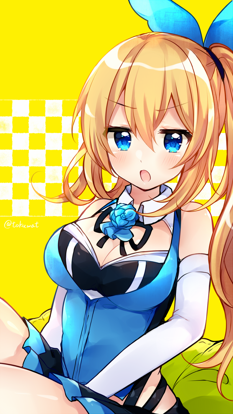 1girl bare_shoulders between_legs blonde_hair blue_eyes blue_flower blush breasts cleavage commentary cushion elbow_gloves eyebrows_visible_through_hair flower flower_ornament fukunoki_tokuwa gloves hair_ribbon hand_between_legs highres large_breasts long_hair looking_at_viewer mirai_akari mirai_akari_project open_mouth ribbon side_ponytail skirt solo twitter_username virtual_youtuber white_gloves yellow_background