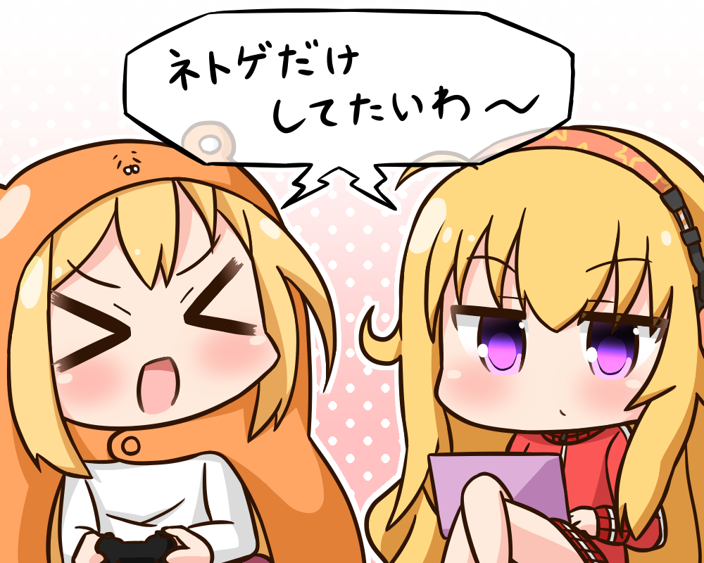 &gt;_&lt; 2girls :d ahoge animal_hood bangs blonde_hair blush closed_eyes closed_mouth commentary_request computer controller crossover doma_umaru eyebrows_visible_through_hair facing_another gabriel_dropout game_controller gradient gradient_background hair_between_eyes hamster_costume hamster_hood hana_kazari headphones himouto!_umaru-chan holding hood hood_up jacket laptop long_hair long_sleeves looking_down multiple_girls open_mouth pink_background polka_dot polka_dot_background red_jacket shirt sitting smile tenma_gabriel_white track_jacket trait_connection translation_request very_long_hair violet_eyes white_background white_shirt xd