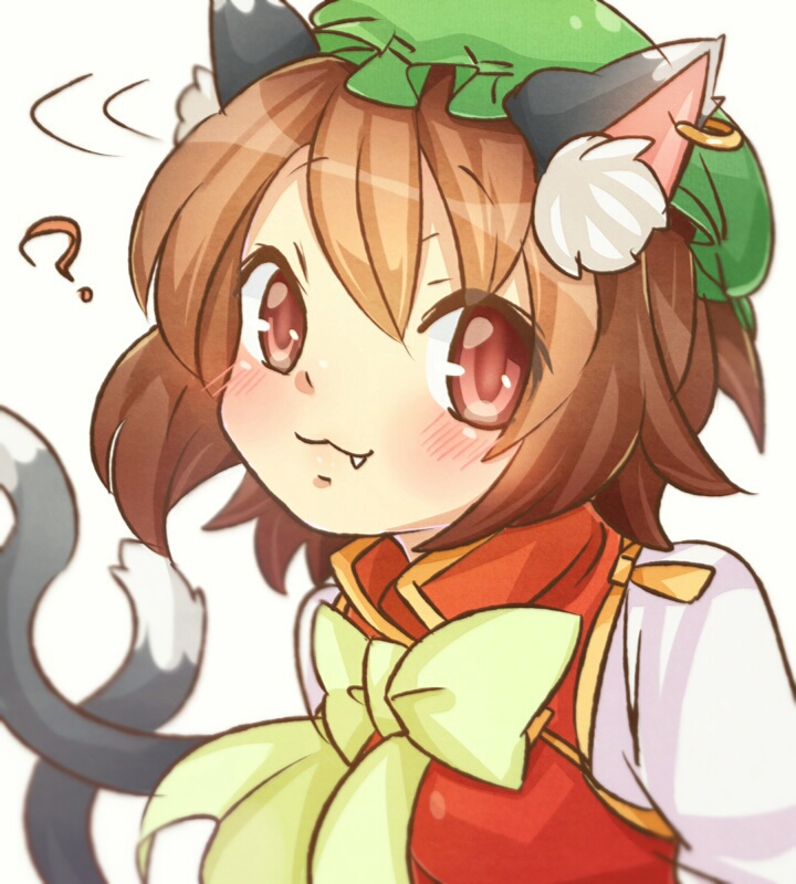 1girl :3 ? animal_ears blush brown_eyes brown_hair cat_ears cat_tail chen closed_mouth commentary fang fang_out green_hat hat ibaraki_natou jewelry looking_at_viewer mob_cap multiple_tails nekomata short_hair simple_background single_earring solo tail touhou two_tails upper_body white_background