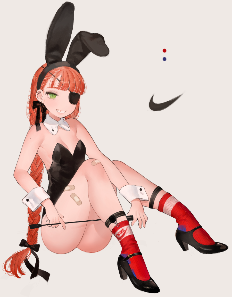 1girl animal_ears bandaid bandaid_on_knee bandaid_on_leg bangs black_footwear black_leotard blush bow braid bunnysuit detached_collar eyepatch fake_animal_ears full_body green_eyes grin high_heels leotard long_hair looking_at_viewer miyako_(xxxbibit) nike orange_hair original rabbit_ears red_legwear riding_crop simple_background single_braid smile sock_garters socks solo strapless strapless_leotard very_long_hair wrist_cuffs