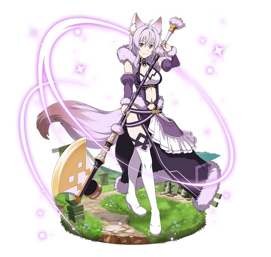1girl animal_ears boots breasts cleavage detached_sleeves faux_figurine fox_ears fox_tail full_body hair_between_eyes holding holding_weapon long_hair looking_at_viewer medium_breasts midriff mole mole_on_breast navel poleaxe purple_hair simple_background smile solo standing stomach strea sword_art_online tail thigh-highs thigh_boots violet_eyes weapon white_background white_footwear wrist_cuffs