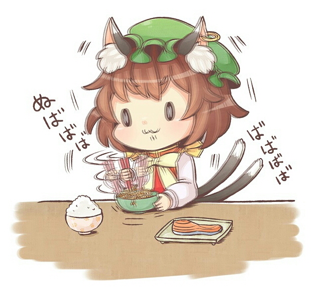 0_0 1girl :3 animal_ears cat_ears cat_tail chen chopsticks food green_hat hat ibaraki_natou jewelry long_sleeves mob_cap motion_blur multiple_tails nattou nekomata rice_bowl single_earring solo stirring tail touhou two_tails