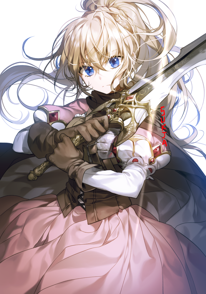 1girl black_cape black_gloves blue_eyes cape corset gloves holding holding_sword holding_weapon long_hair long_sleeves looking_at_viewer original pink_skirt ponytail puffy_long_sleeves puffy_sleeves silver_hair skirt solo sukja sword weapon