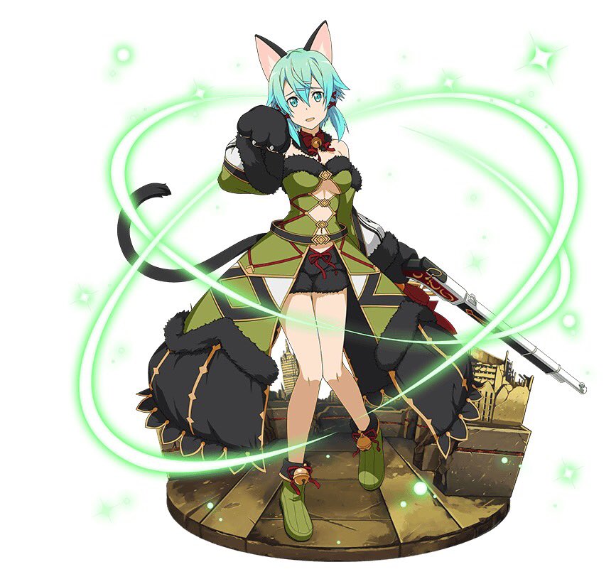 1girl animal_ears aqua_eyes aqua_hair black_gloves black_ribbon black_shorts breasts cat_ears cat_tail choker detached_sleeves faux_figurine full_body gloves gun hair_between_eyes hair_ribbon head_tilt holding holding_gun holding_weapon looking_at_viewer medium_breasts open_mouth paw_gloves paws ribbon rifle shinon_(sao) shoes short_hair_with_long_locks short_shorts shorts sidelocks simple_background solo standing strapless sword_art_online tail under_boob weapon white_background