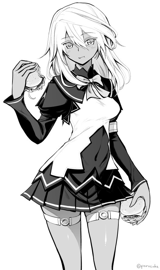 1girl breasts clover dark_skin food four-leaf_clover guilty_gear guilty_gear_xrd hamburger jouyama_yui looking_at_viewer medium_breasts monochrome ramlethal_valentine short_hair simple_background skirt solo white_hair