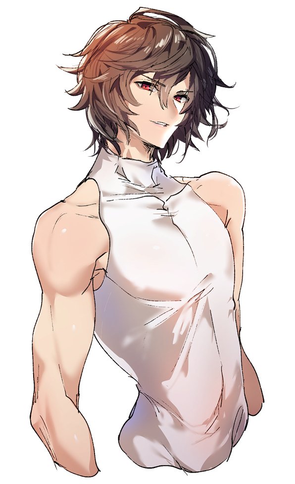 1boy brown_hair granblue_fantasy makita_(homosapiensu) male_focus red_eyes sandalphon_(granblue_fantasy) short_hair sleeveless sleeveless_turtleneck smile solo turtleneck