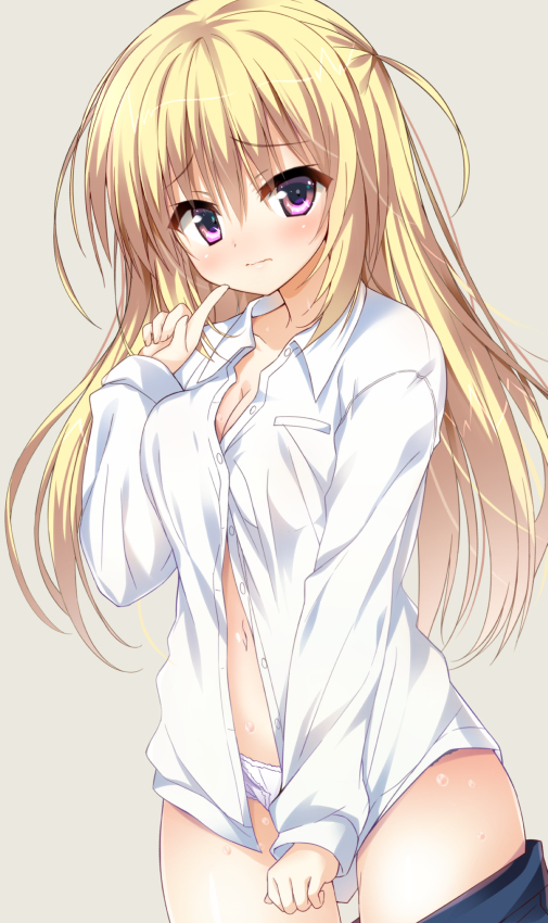 1girl blonde_hair blush breasts cleavage collared_shirt cowboy_shot dress_shirt embarrassed eyebrows_visible_through_hair frown grey_background huei_nazuki index_finger_raised long_hair long_sleeves looking_at_viewer medium_breasts navel original panties partially_unbuttoned pink_eyes raised_eyebrows shiny shiny_hair shirt simple_background skirt skirt_pull solo standing two_side_up underwear very_long_hair white_panties white_shirt wing_collar