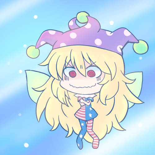 &gt;:) 1girl 216 @_@ american_flag_dress american_flag_legwear asymmetrical_clothes blonde_hair blue_background chibi clownpiece crossed_arms fairy_wings gradient gradient_background hat jester_cap light_particles long_hair looking_at_viewer lowres polka_dot_hat red_eyes simple_background solo touhou very_long_hair wavy_mouth wings