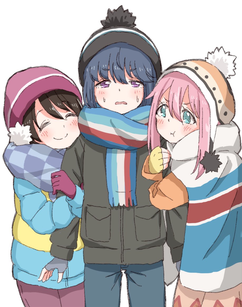 3girls ^_^ arm_hug beanie blue_hair brown_hair closed_eyes earmuffs fingerless_gloves gloves hat hatopoo_(beach7pijon) jacket kagamihara_nadeshiko long_hair multiple_girls pink_hair pout saitou_ena scarf shima_rin short_hair simple_background smile sweatdrop yurucamp