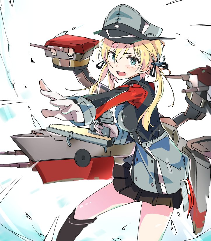 1girl anchor_hair_ornament aqua_eyes black_ribbon black_skirt blonde_hair cannon foreshortening gloves hair_ornament hat ixy kantai_collection low_twintails machinery microskirt military military_hat military_uniform open_mouth outstretched_arm peaked_cap pleated_skirt prinz_eugen_(kantai_collection) ribbon rigging skirt solo twintails uniform white_background white_gloves