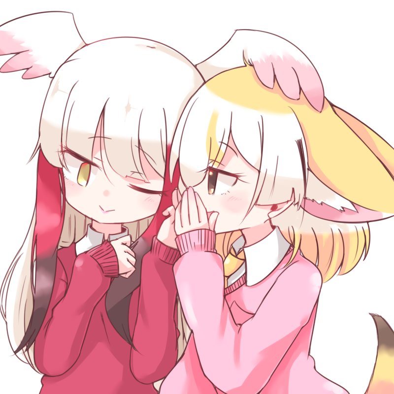 2girls ;&gt; alternate_costume animal_ears blonde_hair brown_eyes brown_hair commentary covering_mouth extra_ears feathered_wings fennec_(kemono_friends) fox_ears fox_tail head_wings japanese_crested_ibis_(kemono_friends) kemono_friends long_hair mahe_(hammerdskd) multicolored_hair multiple_girls one_eye_closed redhead sidelocks simple_background smile tail upper_body whispering white_background white_hair wings yellow_eyes