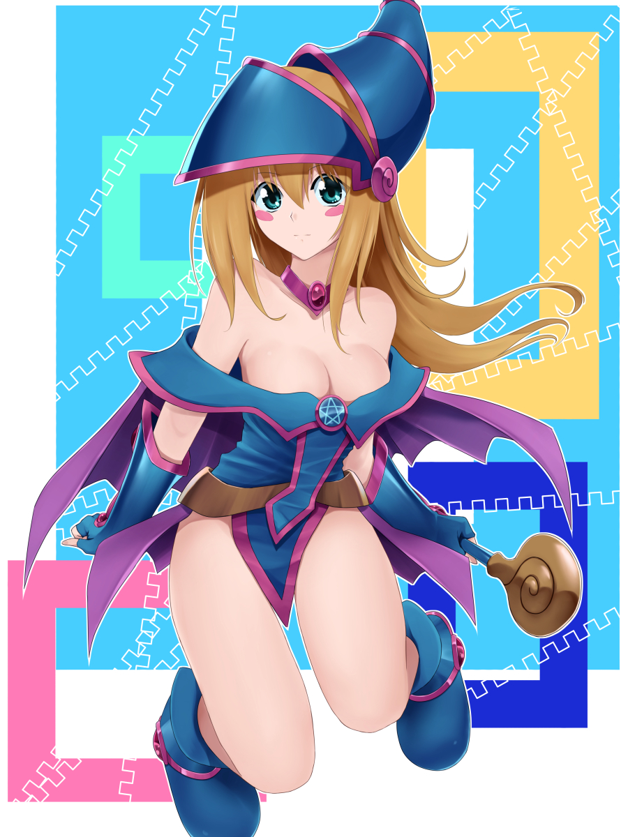 1girl bare_shoulders blonde_hair blue_footwear blush_stickers boots breasts choker cleavage dark_magician_girl duel_monster green_eyes hat highres large_breasts love_(pspdspsp) pentacle solo staff wand wizard_hat yu-gi-oh! yuu-gi-ou_duel_monsters