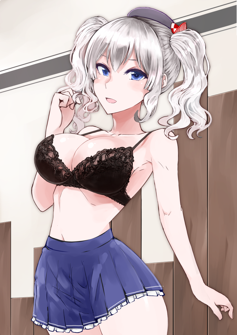 1girl :d bare_arms bare_shoulders beret black_bra black_hat blue_skirt blush bra breasts cleavage collarbone cosaten cowboy_shot frilled_skirt frills hand_up hat indoors kantai_collection kashima_(kantai_collection) large_breasts lingerie miniskirt navel open_mouth pleated_skirt shiny shiny_hair short_hair short_twintails sidelocks silver_hair skirt smile solo standing stomach twintails underwear wavy_hair