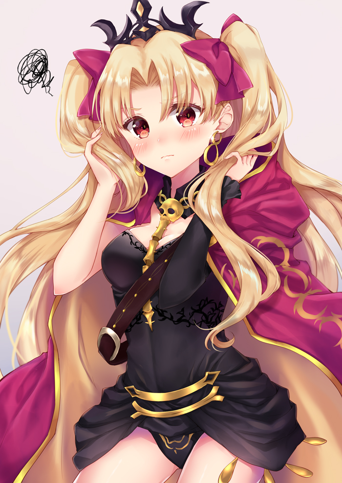1girl asymmetrical_sleeves bangs beige_background between_breasts black_cape black_dress black_leotard blonde_hair buckle cape detached_collar dress earrings ereshkigal_(fate/grand_order) fate/grand_order fate_(series) fur-trimmed_cape fur_trim hand_in_hair infinity jewelry leotard long_hair multicolored multicolored_cape multicolored_clothes nazuna_shizuku necklace parted_bangs red_cape red_eyes red_ribbon ribbon single_sleeve skull spine tiara twintails two_side_up