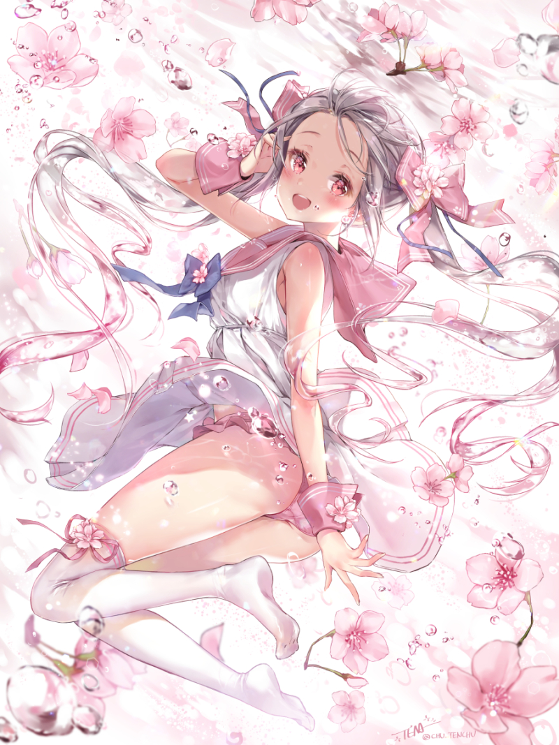1girl :d bare_shoulders blue_bow blush bow brown_hair cherry_blossoms commentary dress dress_lift flower forehead gradient_hair hair_bow hair_flower hair_ornament long_hair multicolored_hair no_shoes open_mouth original panties pink_flower pink_hair pink_panties red_eyes signature sleeveless sleeveless_dress smile solo tena thigh-highs twintails twitter_username underwear upper_teeth very_long_hair water_drop white_dress white_legwear wrist_cuffs
