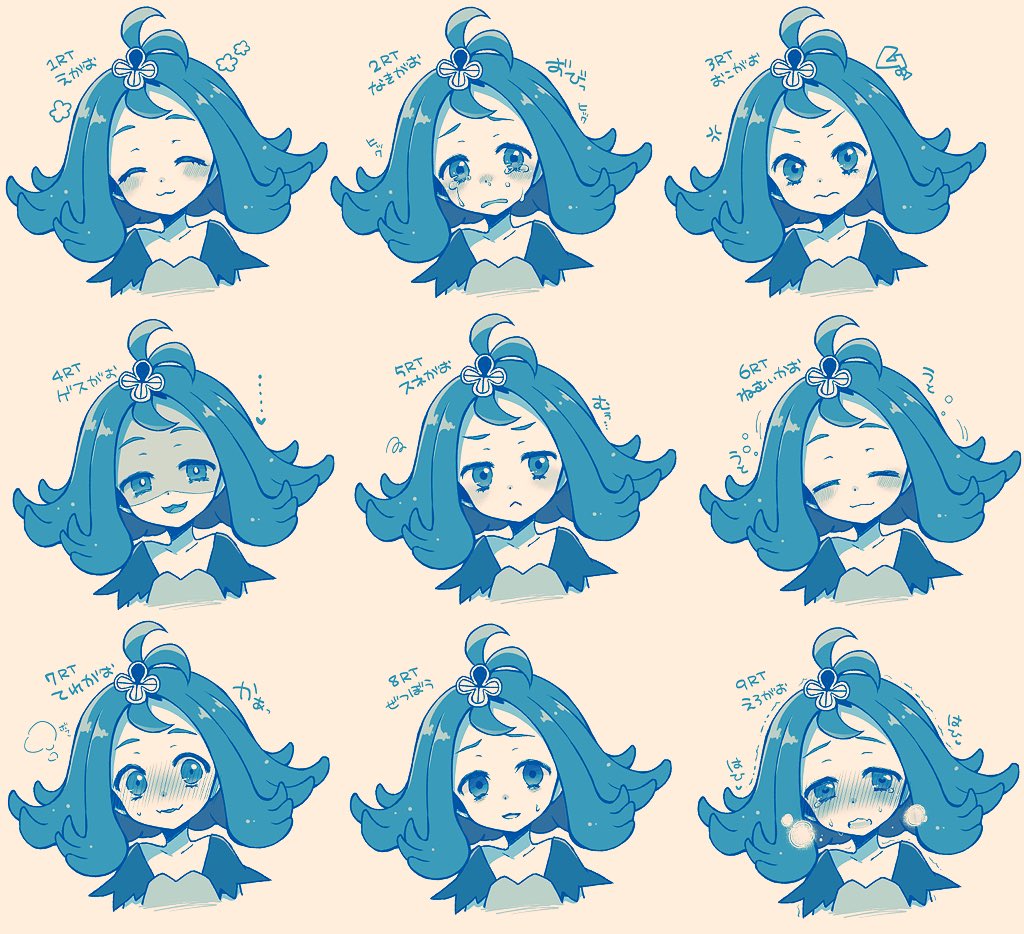 1girl :&lt; :3 acerola_(pokemon) bittercocoa blush closed_eyes crying crying_with_eyes_open elite_four empty_eyes expressions flipped_hair hair_ornament monochrome open_mouth pokemon pokemon_(game) pokemon_sm shaded_face smile tears trial_captain
