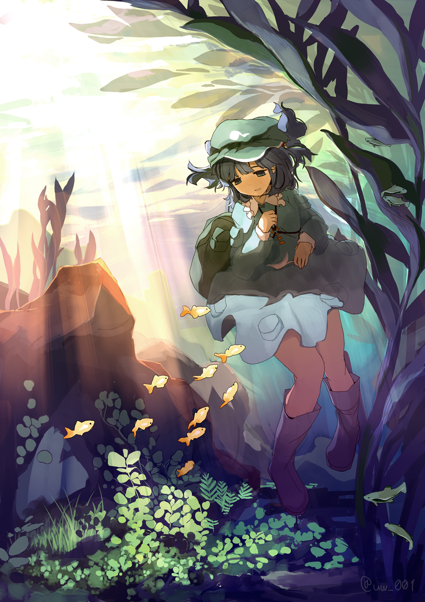1girl backpack bag blue_eyes blue_hair blue_shirt blue_skirt boots fish flat_cap freediving goldfish hair_bobbles hair_ornament hand_on_own_chest hat highres kawashiro_nitori key knees_together_feet_apart light_rays long_sleeves looking_down looking_to_the_side parted_lips rock rubber_boots seaweed shirt short_hair skirt solo sunbeam sunlight touhou twintails twitter_username underwater uwa_(u_w001)
