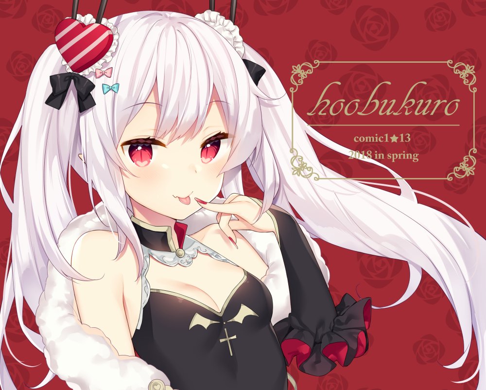 1girl 2018 :p artist_name azur_lane bangs bare_shoulders bekotarou black_dress black_ribbon blue_bow bow breasts bridal_gauntlets china_dress chinese_clothes cleavage closed_mouth commentary_request dress eyebrows_visible_through_hair fang fang_out fingernails hair_bow hair_ornament hair_ribbon heart heart_hair_ornament long_fingernails long_hair looking_at_viewer nail_polish pink_bow red_background red_eyes red_nails ribbon rose_background silver_hair sleeveless sleeveless_dress small_breasts smile solo tongue tongue_out twintails vampire_(azur_lane) very_long_hair