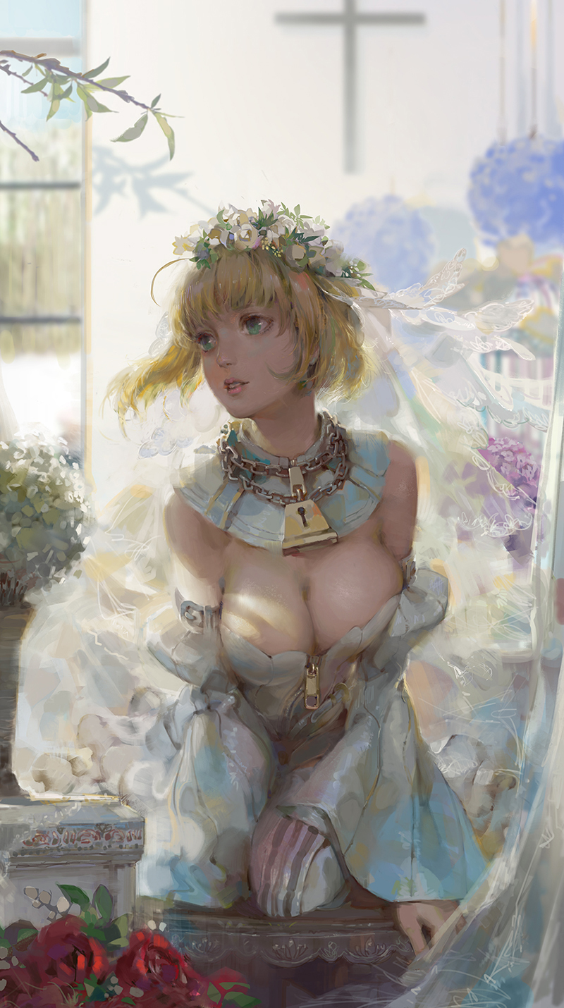 1girl ahoge blonde_hair breasts bridal_veil chains cleavage commentary_request detached_collar dress fate/grand_order fate_(series) green_eyes highres kneeling large_breasts lips lock looking_afar nero_claudius_(bride)_(fate) nero_claudius_(fate)_(all) nose padlock short_hair solo veil vnug7855 white_dress