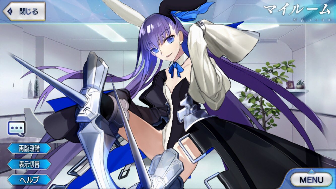 1girl animal_ears armor black_coat blue_ribbon bow bowtie bunny_girl bunny_tail bunnysuit detached_collar dmjp50t fake_animal_ears fake_screenshot fate/extra fate/extra_ccc fate/grand_order fate_(series) hair_ribbon juliet_sleeves leotard long_hair long_sleeves looking_at_viewer meltlilith puffy_sleeves purple_hair ribbon sleeves_past_wrists solo spikes strapless strapless_leotard tail very_long_hair