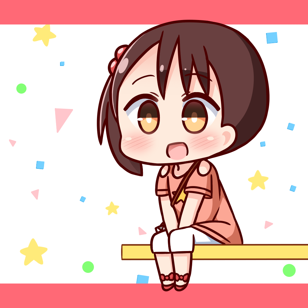 1girl :d akamatsu_yui bag bangs between_legs blush bow brown_eyes brown_hair brown_shirt chibi eyebrows_visible_through_hair hair_bobbles hair_ornament hana_kazari hand_between_legs mitsuboshi_colors one_side_up open_mouth red_bow red_footwear shirt shorts shoulder_bag shoulder_cutout sitting smile solo star v_arms white_shorts