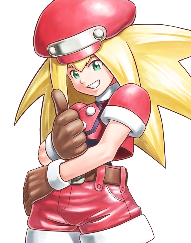 1girl belt blonde_hair brown_gloves buttons cap capcom gloves green_eyes hand_gesture hand_on_hip hat red_shorts rockman rockman_dash roll_caskett shinonome_(game_hakkutsu_tai) shorts simple_background smile solo thumbs_up white_background