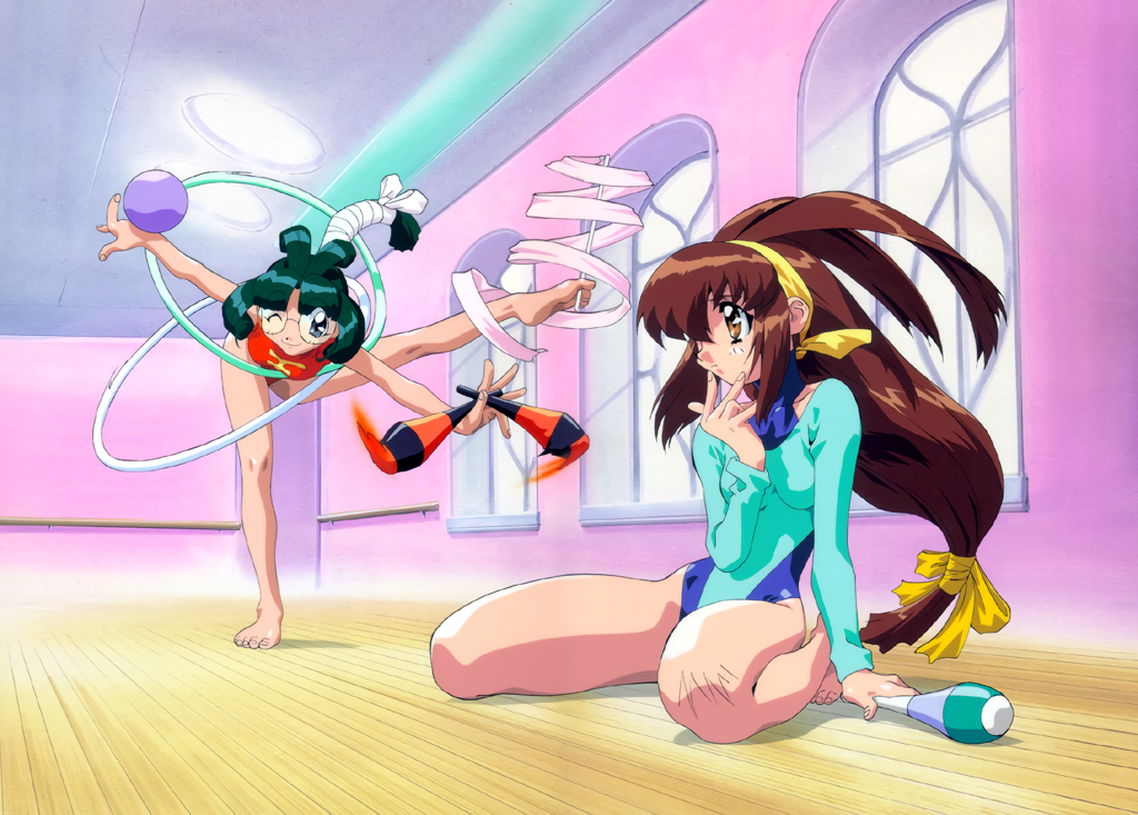 90s antenna_hair aqua_eyes aqua_hair balancing ball barefoot battle_athletes brown_eyes brown_hair floating_hair foot_hold gymnastics_ribbon hairband hand_on_own_chin holding hoop hula_hoop indoors kanzaki_akari leg_up leotard long_hair long_sleeves low-tied_long_hair official_art one_eye_closed rimless_eyewear round_eyewear sitting smile standing wariza wong_lio-pha