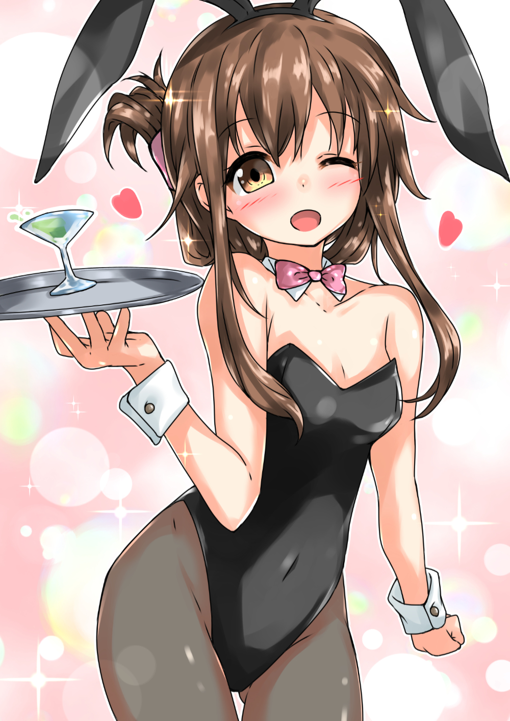 1girl animal_ears black_legwear black_leotard bow bowtie brown_eyes brown_hair bunny_girl bunny_tail bunnysuit commentary_request cowboy_shot cup destroyer detached_collar drinking_glass folded_ponytail harusame_nuko highres inazuma_(kantai_collection) kantai_collection leotard long_hair military military_vehicle one_eye_closed open_mouth pantyhose pink_neckwear rabbit_ears ship smile solo strapless strapless_leotard tail tray warship watercraft wine_glass wrist_cuffs