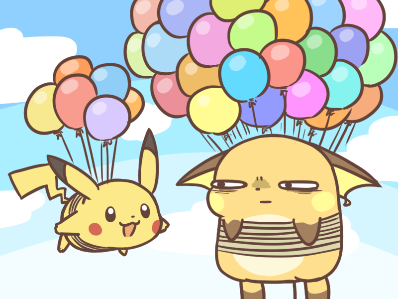 :3 annoyed balloon blue_sky cafe_(chuu_no_ouchi) clouds day flying looking_at_another no_humans pikachu pokemon raichu sky