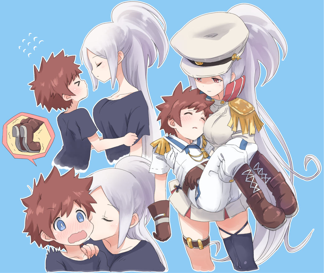 &gt;_&lt; 1boy 1girl age_difference blue_eyes blush breasts brown_hair carrying epaulettes estresia_(merc_storia) hat hetero imminent_kiss inuzumi kiss large_breasts long_hair merc_storia neil_(merc_storia) pink_eyes ponytail princess_carry shota skirt wavy_mouth white_hair