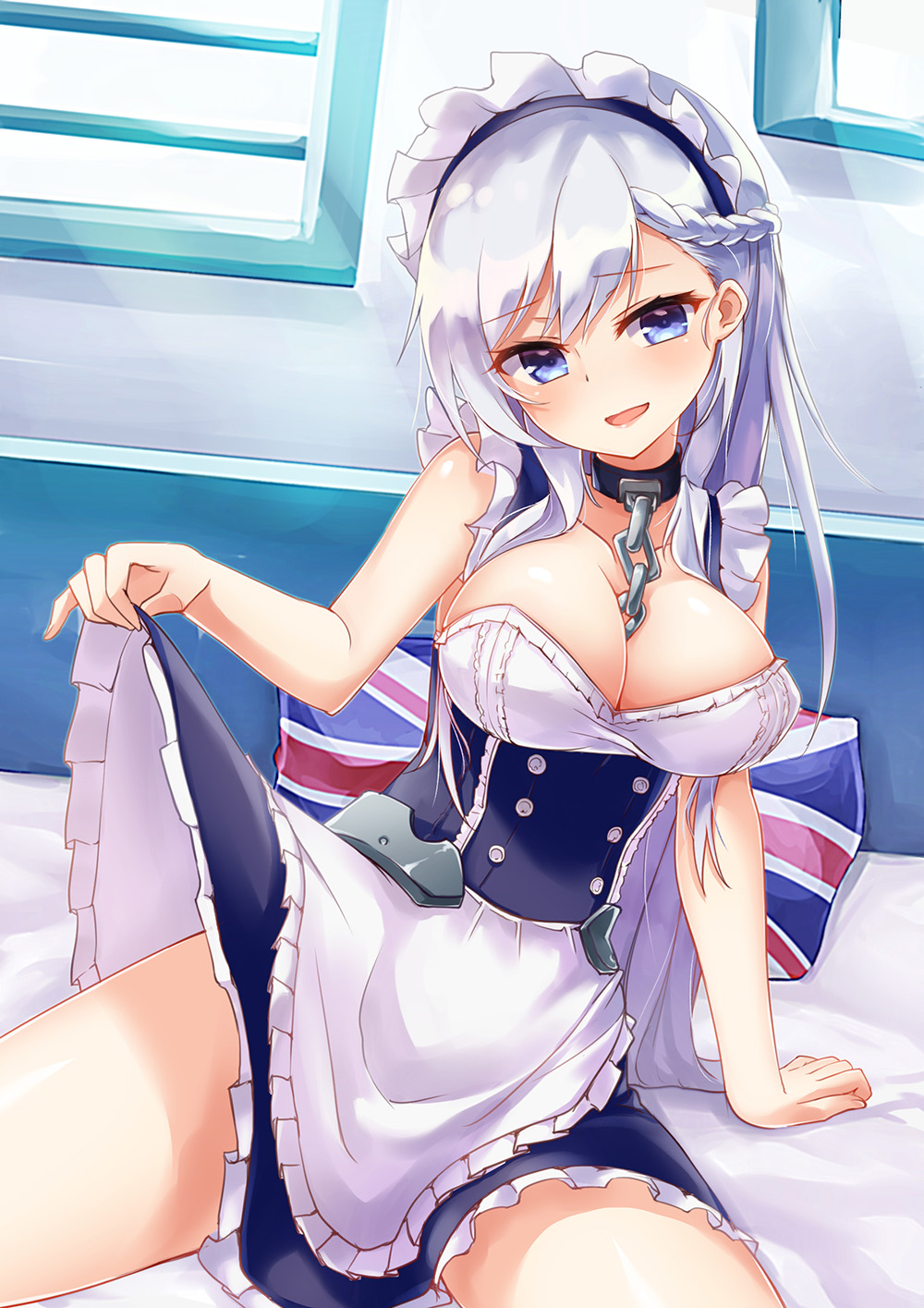 1girl :d apron arm_support azur_lane bare_shoulders bed bed_invitation bed_sheet belfast_(azur_lane) blue_eyes blue_skirt blush braid breasts chains cleavage collar corset eyebrows_visible_through_hair french_braid frilled_apron frilled_skirt frills head_tilt highres indoors large_breasts leaning_back lifted_by_self long_hair looking_at_viewer maid_headdress on_bed open_mouth oshishio pillow shiny shiny_hair silver_hair sitting skirt skirt_lift smile solo spread_legs thighs union_jack very_long_hair waist_apron window