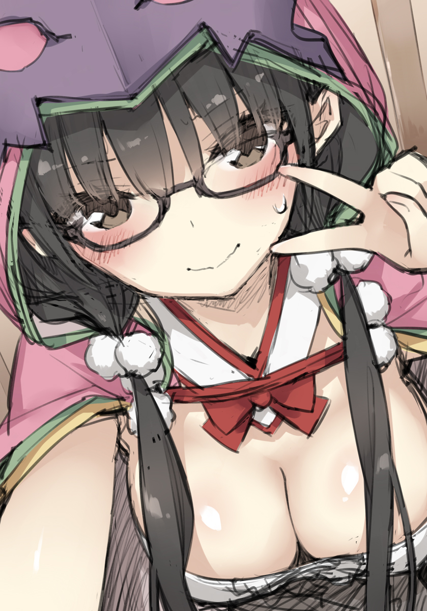 1girl black_hair blush breasts cleavage fate/grand_order fate_(series) glasses highres hood large_breasts long_hair looking_at_viewer osakabe-hime_(fate/grand_order) peko sketch smile solo v very_long_hair violet_eyes