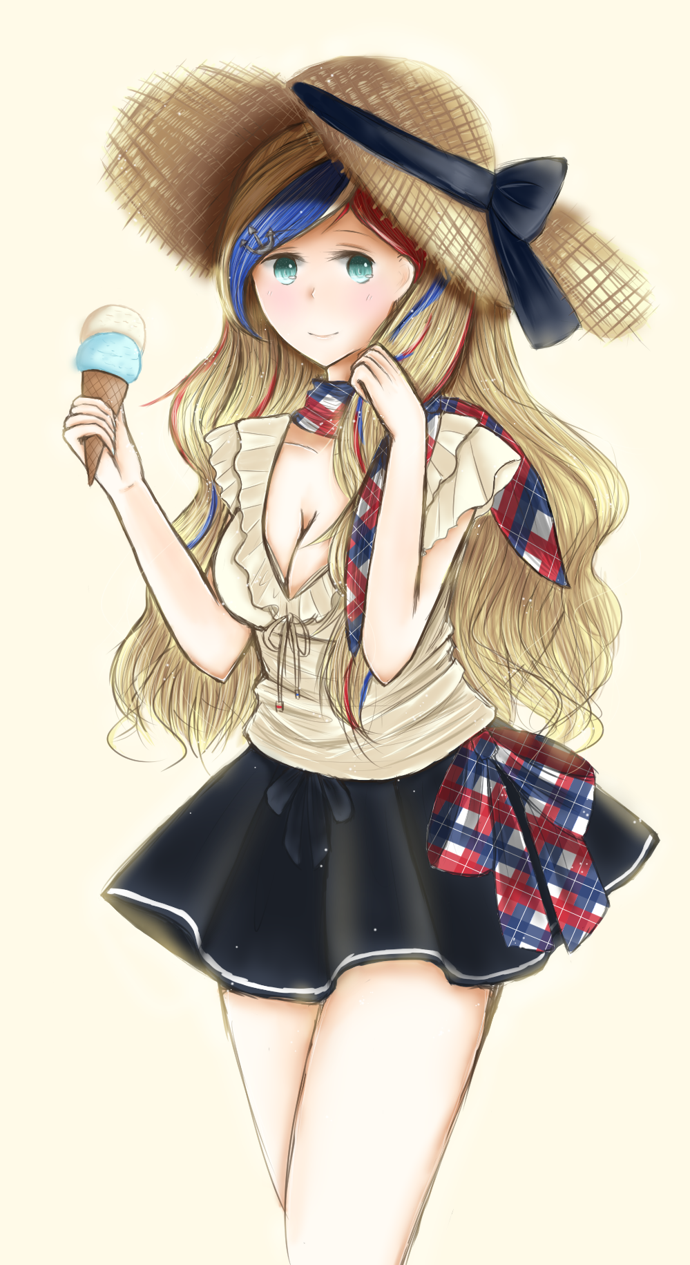 1girl anchor_hair_ornament aqua_eyes bangs black_skirt blonde_hair breasts cleavage commandant_teste_(kantai_collection) cowboy_shot food hair_ornament hat hat_ribbon highres ice_cream kantai_collection long_hair looking_at_viewer low-cut medium_breasts multicolored multicolored_clothes multicolored_hair multicolored_scarf plaid plaid_scarf ribbon scarf simple_background skirt smile solo streaked_hair sun_hat swept_bangs wavy_hair xiao_yi